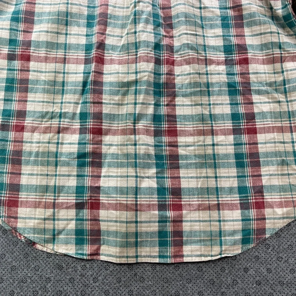 Vintage LL Bean Mens XL Linen Cotton Plaid Shirt Teal Burgundy Long Sleeve